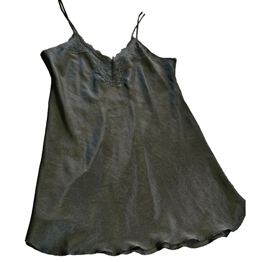 Victoria Secret Vintage Gold Crown Label Black Slip Dress Satin Lace Trim M